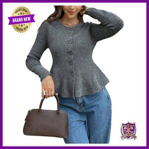 Ruffle Hem Long Sleeve Cardigan Button Down Sweater Stretch Fabric